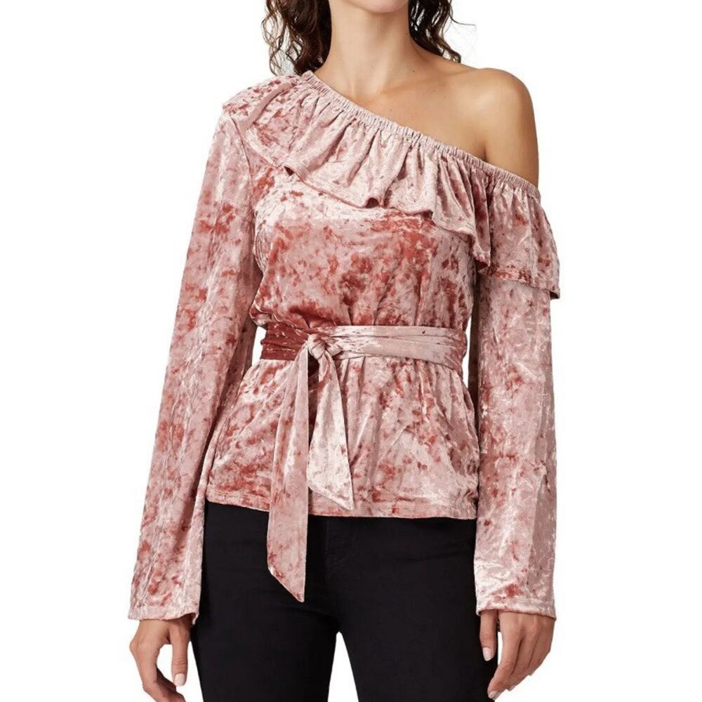 StyleStalker Clarissa Blush Crushed Velvet Ruffled Off the Shoulder Belted Top S